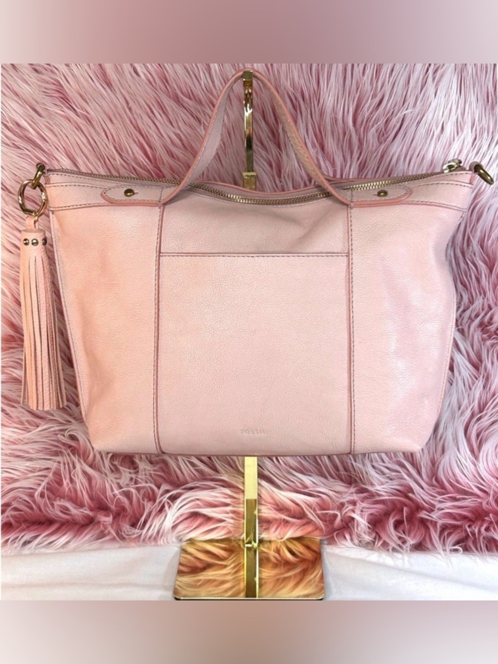 Y2K Fossil Sadie Satchel Tote Dusty Rose Pebbled Leather Tassel Brass Hardware